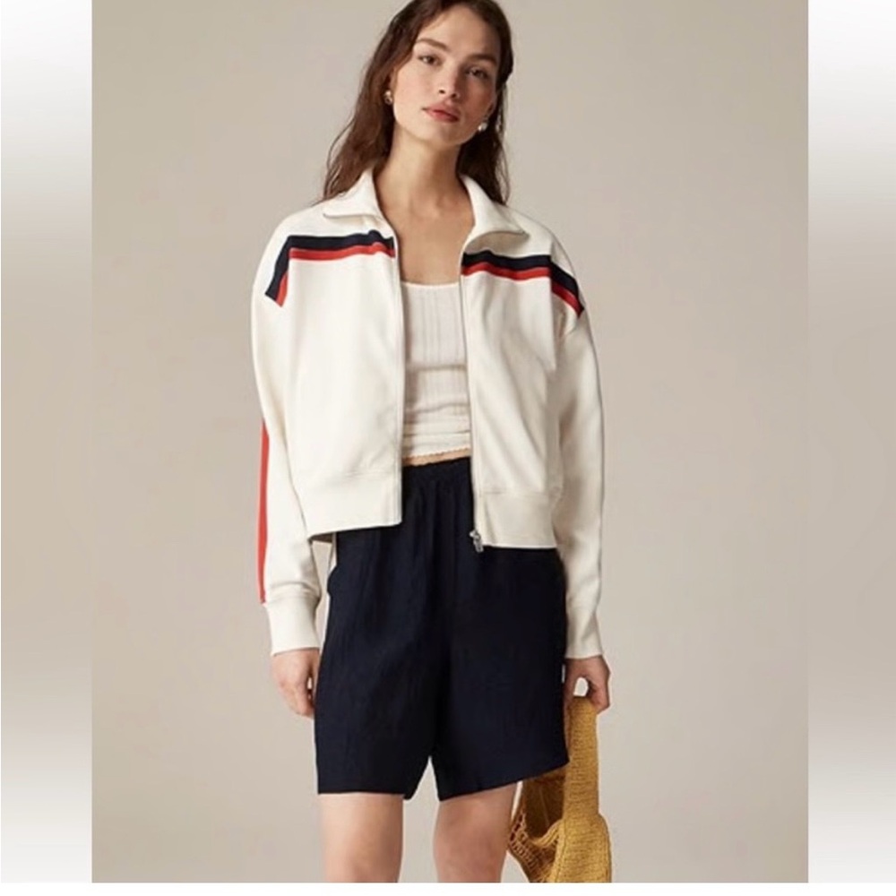 J Crew 2025 Terry Full Zip Track Jacket Small Stripes Off-White Retro Racing